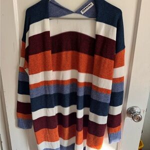 Ecowish Striped Knit Cardigan Sweater Open Front Blue Orange Burgundy Medium